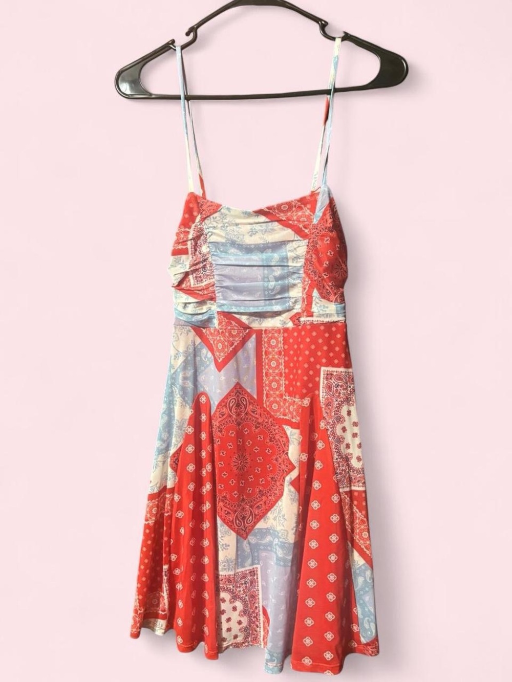 Red Patchwork Bandana Midi Dress with Spaghetti Straps